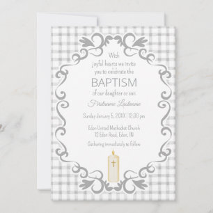 020 Fog Gray Scroll Gingham Cross Candle Baptism Invitation
