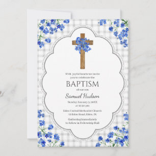 020 Fog Grey Blossom Rustic Cross Design Baptism Invitation