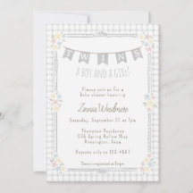 020 Fog Grey Gingham Floral Twins Baby Shower