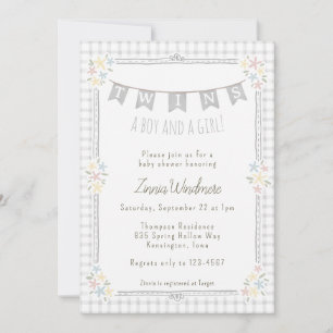 020 Fog Grey Gingham Floral Twins Baby Shower Invitation