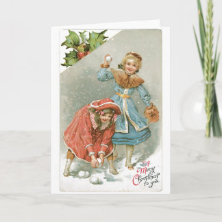 025 Vintage Christmas Card Blond Girls Snowballs