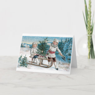 030 Vintage Christmas Card Children Sled Tree Snow