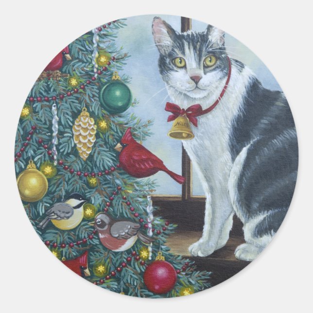 0417 Christmas Cat Classic Round Sticker (Front)