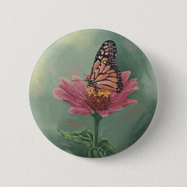0465 Monarch Butterfly on Zinnia 2 Inch Round Button (Front)