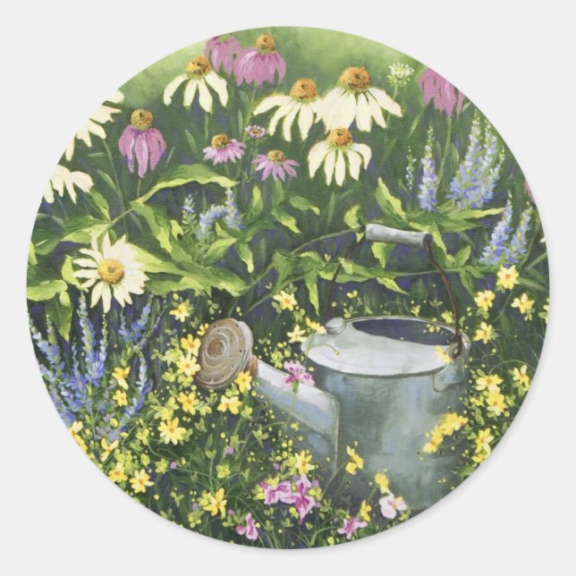 0530 Cone Flowers & Watering Can Classic Round Sticker (Front)