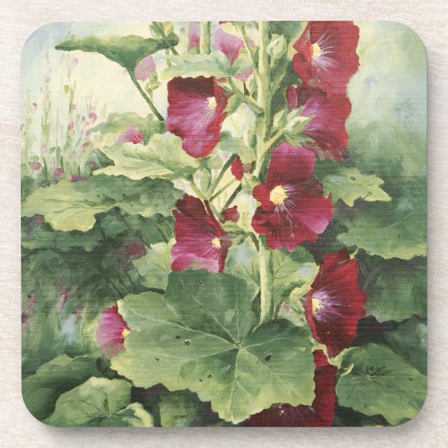 0536 Burgundy Hollyhocks Cork Coaster (Front)