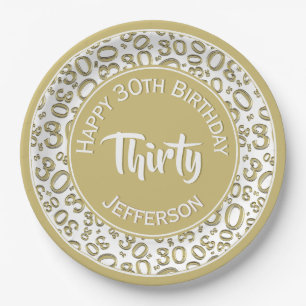 0th Birthday Funky Number Pattern Gold/White Paper Plate