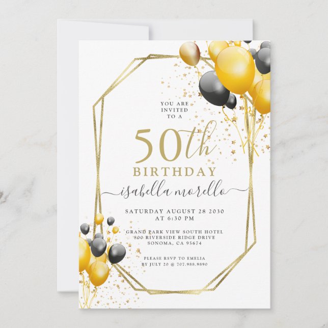 0th Birthday Gold Black Balloons Glitter Invitatio Invitation (Front)