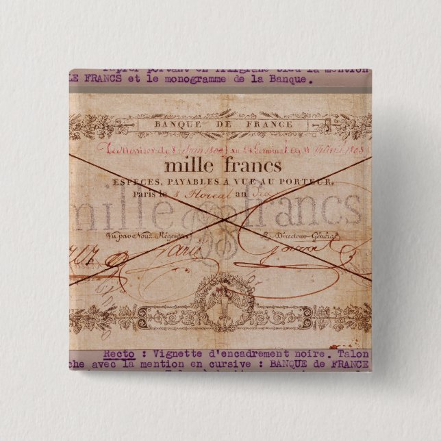 1000 Francs banknote from 8 Floreal, An X 2 Inch Square Button (Front)