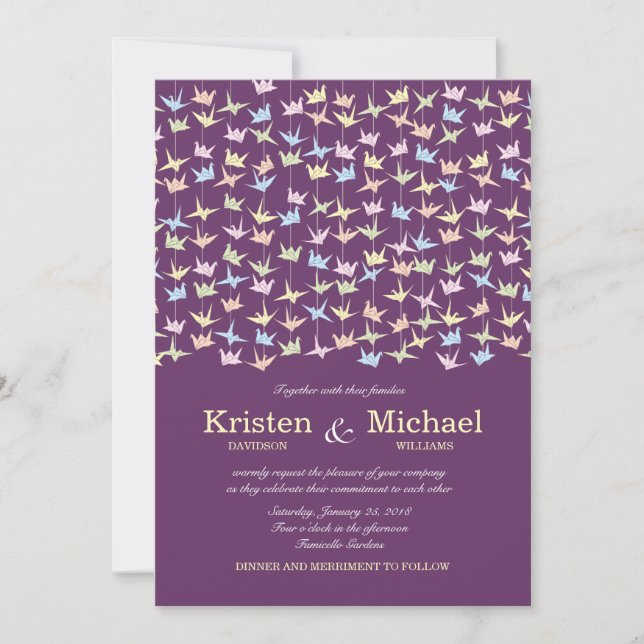 1000 Hanging Origami Paper Cranes Wedding (Purple) Invitation (Front)