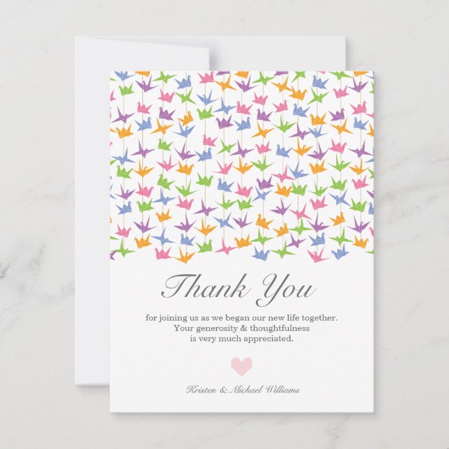 1000 Hanging Origami Paper Cranes Wedding Thank You Card (Front)