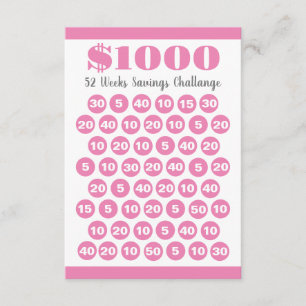 1000 Savings Challenge Pink 52 Weeks Insert Card