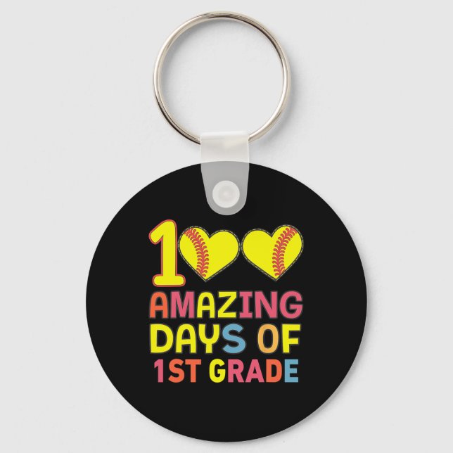 100 Amazing Days Of 1st Grade Softbyll Player Stud Keychain (Front)