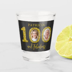 100 and Fabulous Photo Black Gold 100th Birthday Shot Glass