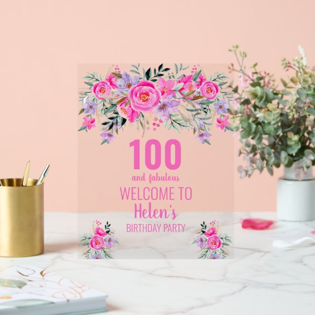 100 and fabulous pink elegant birthday party  acrylic sign (Wedding)