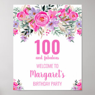 100 and fabulous pink elegant birthday party poster