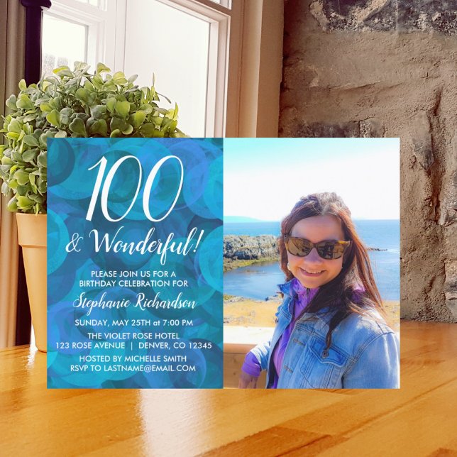 100 and Wonderful Elegant Ocean Blue Birthday Invitation (Creator Uploaded)