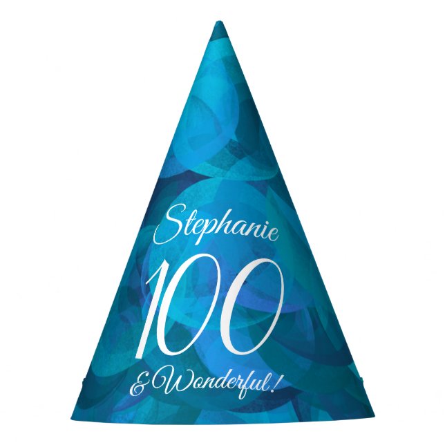 100 and Wonderful Elegant Ocean Blue Birthday Party Hat (Front)