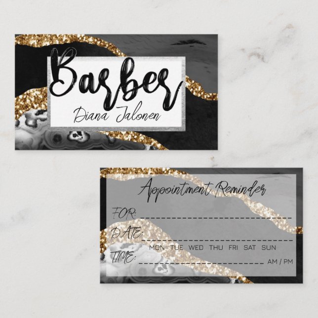 100 Barber Appointment Reminder Black Gold Marble Business Card (Front/Back)