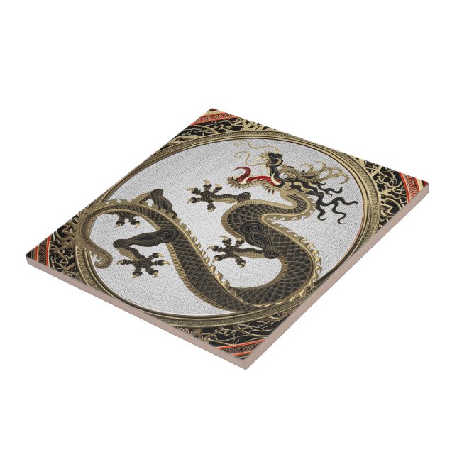[100] Black and Gold Sacred Eastern Dragon Tile (Side)