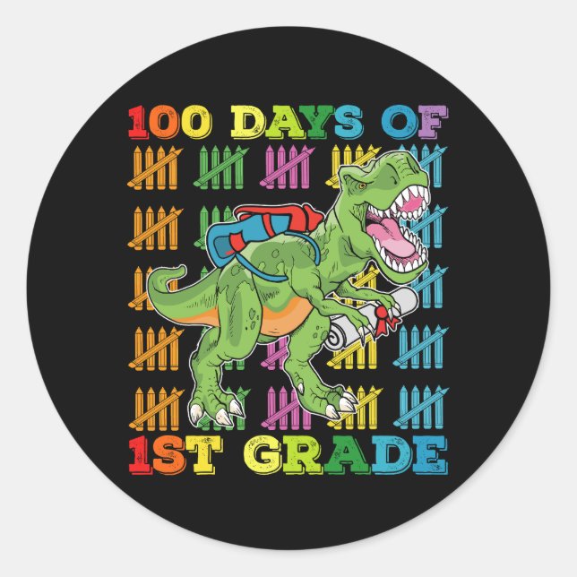 100 Days Of 1st Grade T Rex Dinosaur School Classic Round Sticker (Front)