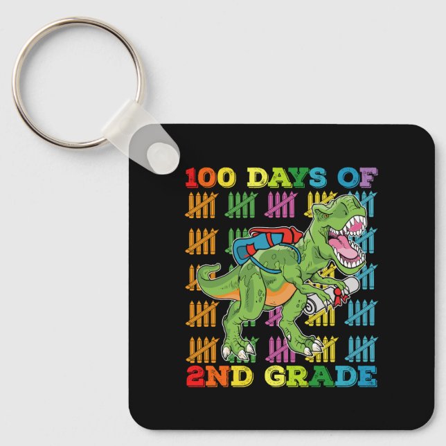 100 Days Of 2nd Grade T Rex Dinosaur School Keychain (Front)