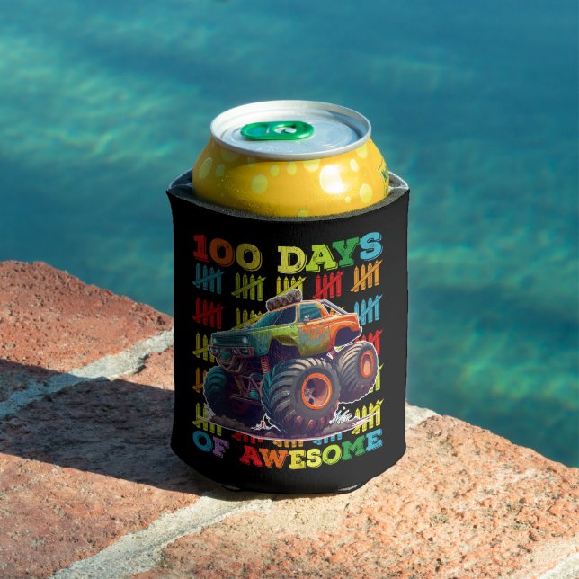 100 Days Of Awesome Monster Truck 100th Day School Can Cooler (In Situ Pool)