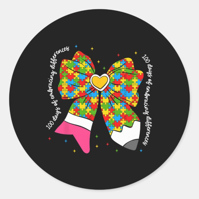 100 Days Of Embracing Differences Coquette Bow Aut Classic Round Sticker (Front)