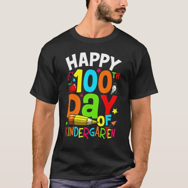 100 Days Of Kindergarten Kids Cute Happy 100th Day T-Shirt (Front)