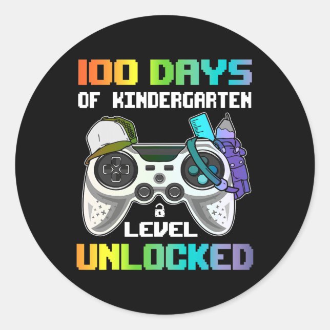 100 Days Of Kindergarten Level Unlocked Gamer Vide Classic Round Sticker (Front)