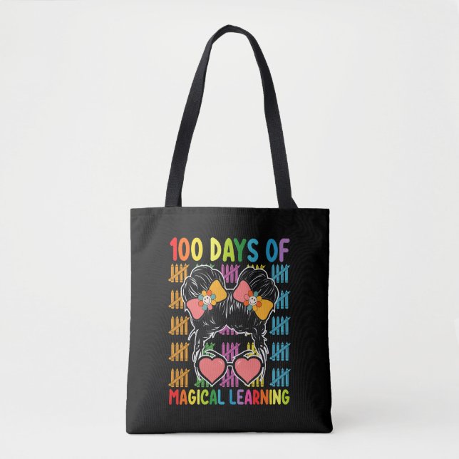 100 Days Of Magical Learning Messy Bun School Tote Bag (Front)