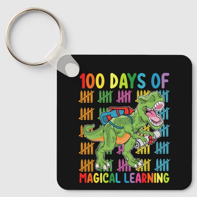 100 Days Of Magical Learning T Rex Dinosaur School Keychain (Front)