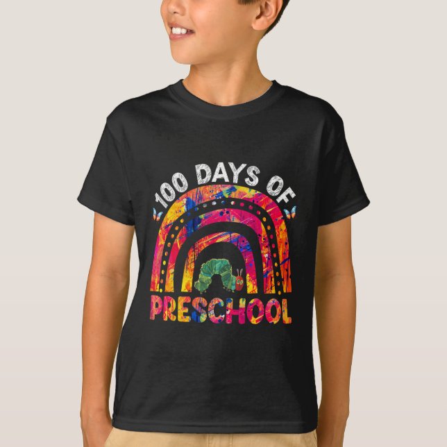 100 Days Of Preschool Tie Dye Rainbow Worm Teacher T-Shirt (Front)