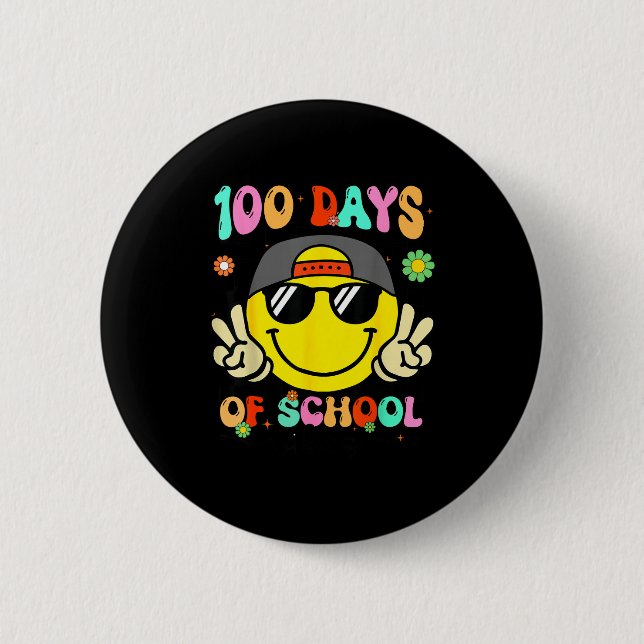 100 Days Of School 100th Day Smile Groovy Face Tea 2 Inch Round Button (Front)
