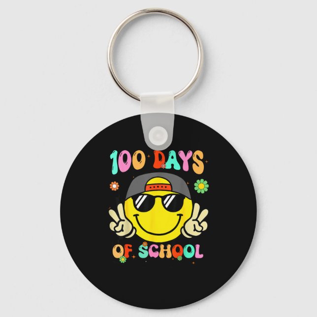 100 Days Of School 100th Day Smile Groovy Face Tea Keychain (Front)