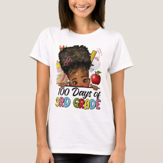100 Days Of School 3rd Grade Afro Girl Messy Bun H T-Shirt