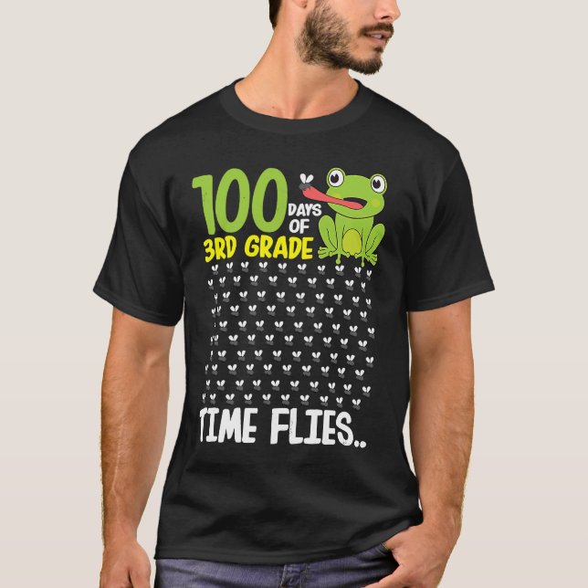 100 Days of School 3rd Grade Frog Time Flies Boys  T-Shirt (Front)