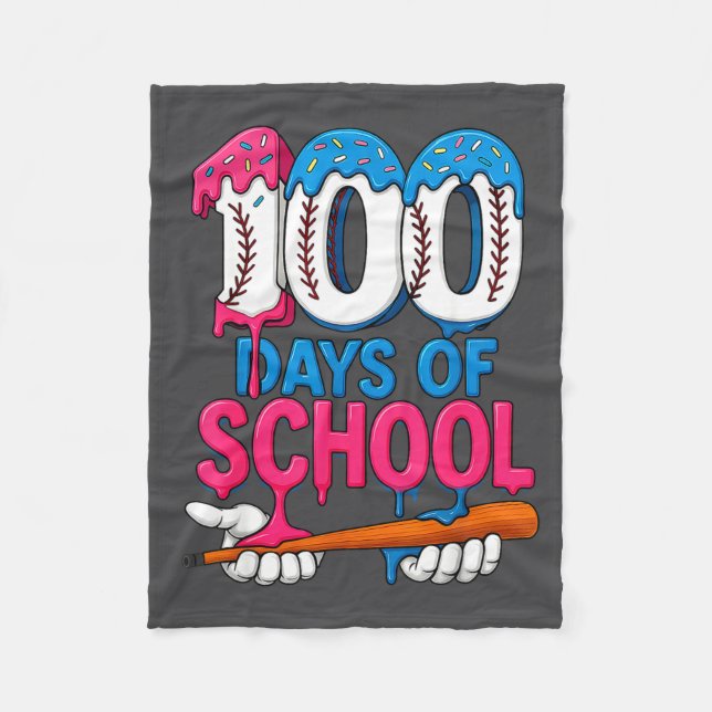 100 Days Of School Baseball Drip Bat 100th Day Of  Fleece Blanket (Front)