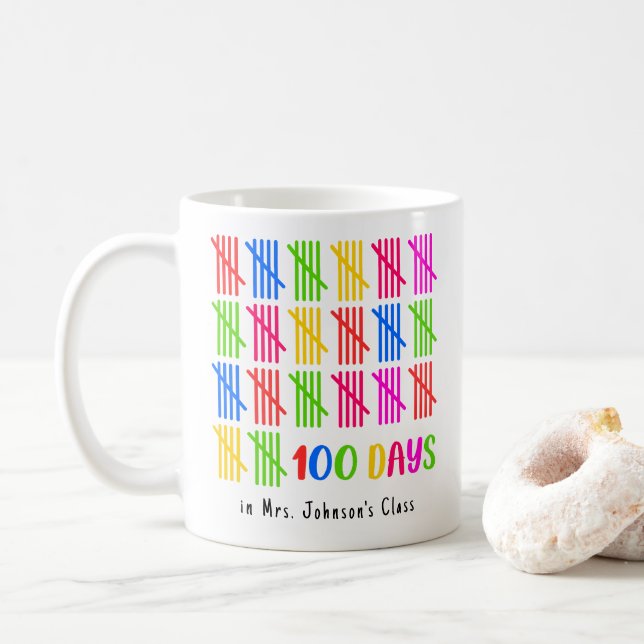 100 Days of School Colourful Tally Mark Coffee Mug (With Donut)