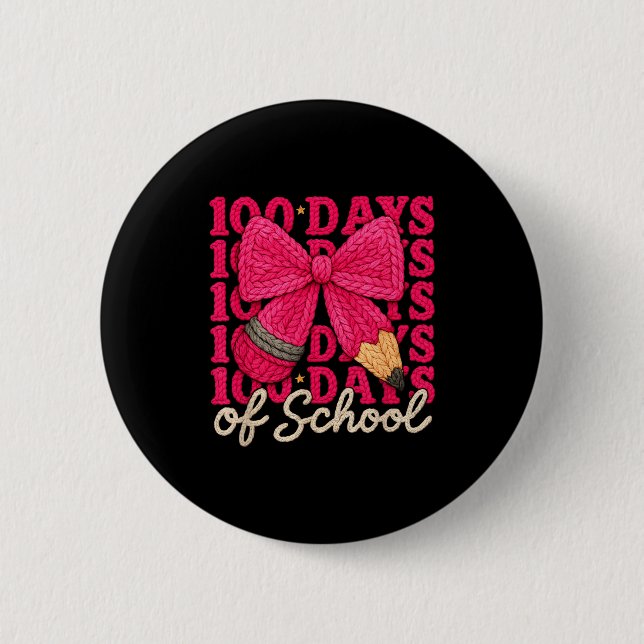 100 Days Of School Crochet Bow Pencil 100th Day Of 2 Inch Round Button (Front)