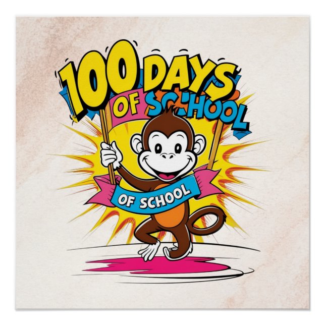 100 Days of School Fun Cartoon Monkey Design Poster (Front)