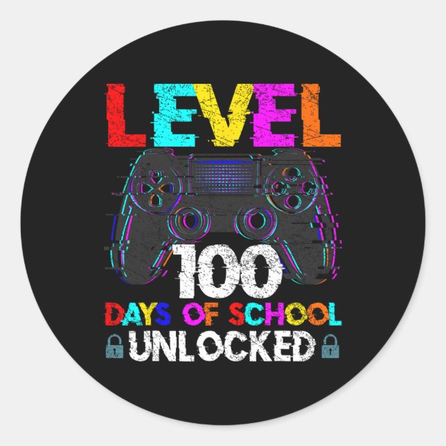 100 Days Of School Gamer Boy Level 100 Unlocked Ga Classic Round Sticker (Front)