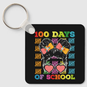 100 Days Of School Messy Bun Teacher Keychain
