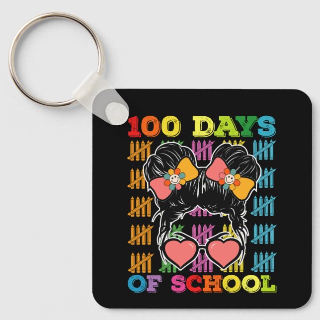 100 Days Of School Messy Bun Teacher Keychain (Front)
