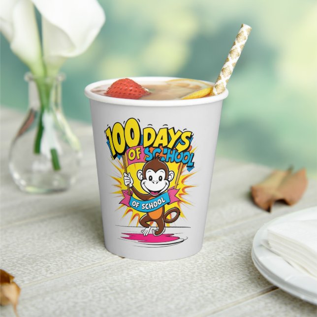 100 Days of School Monkey Party Celebration Paper Cups (Insitu)