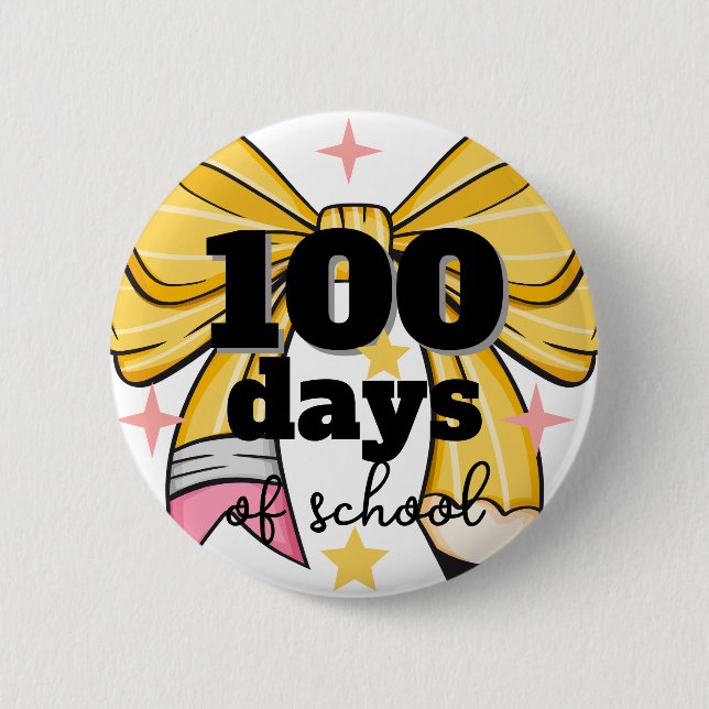 100 Days of School Pencil Bow 2 Inch Round Button (Front)