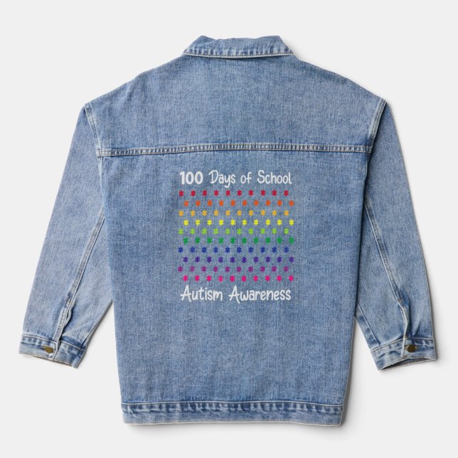 100 Days Of School Puzzle Autism Awareness 100th D Denim Jacket (Back)
