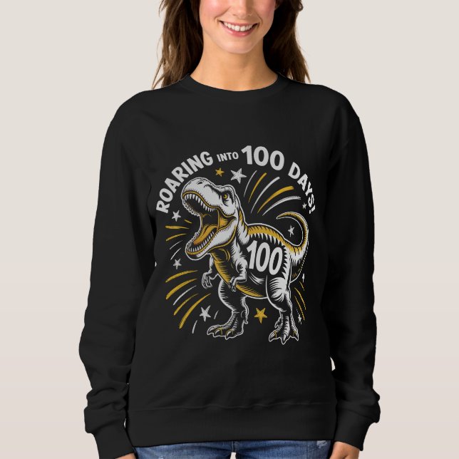 100 Days of School Retro Athletic Roaring T-Rex Di Sweatshirt (Front)