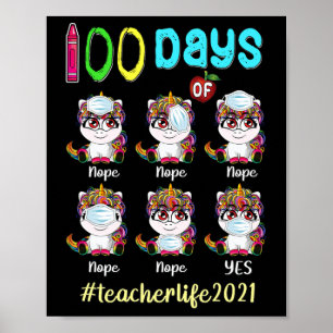 100 Days of School Teacher Unicorn Wearing Mask W Poster