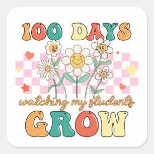 100 Days of Watching My Students Grow Retro Groovy Square Sticker